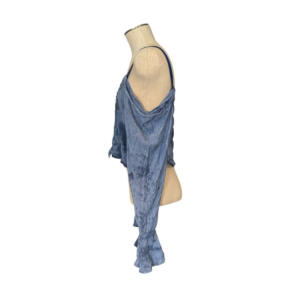 Vintage Boho Blue Lace Up Cropped Top Flared Sleeves One Size - Picture 4 of 13